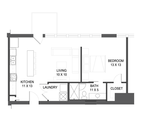 1 bedroom 1 bathroom Floor plan A at The Mobile Lofts, Mobile, AL